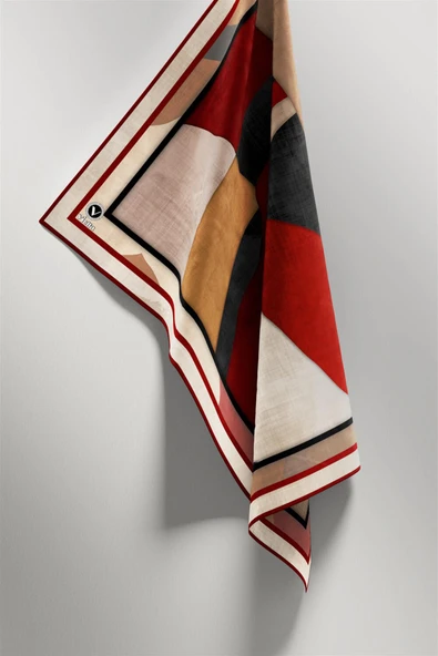 Twill Geometrik Desenli Bordo Renkli 90x90 Eşarp (İpek İçermez) Kenar Dikiş Şekli El Dikişli - Resim 4