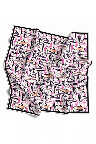 Twill Geometrik Desenli Beyaz - Mor Renkli 90x90 Eşarp (İpek İçermez) Dikim Şekli : El Dikişi ürün görseli 1