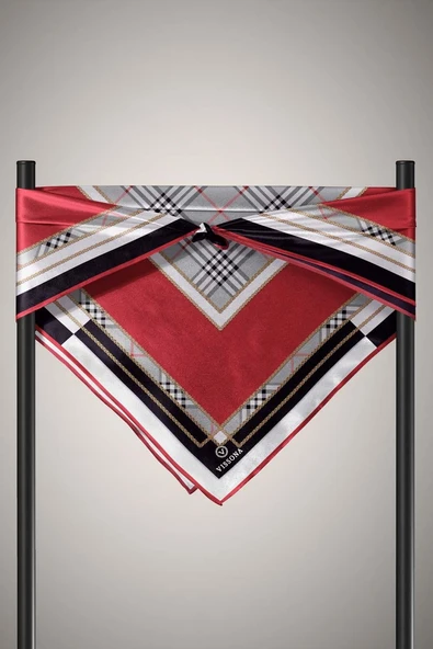 %100 Twill İpek Ekose Desenli Bordo Renkli 90x90 Eşarp Dikim Şekli : El Dikişi - Resim 4