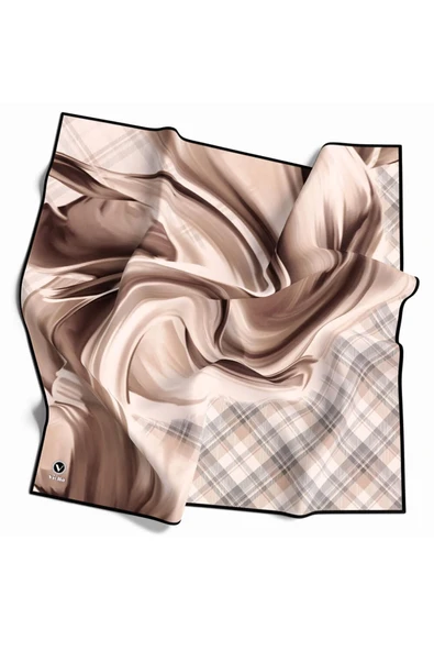 Twill Dalga ve Ekose Desenli Bej Renkli 90x90 Eşarp (İpek İçermez)Kenar Dikiş Şekli El Dikişli ürün görseli