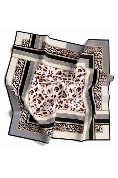 Twill Kemerli ve Leopar Desenli Gri Renkli 90x90 Eşarp (İpek İçermez) Dikim Şekli : El Dikişi - Resim 2