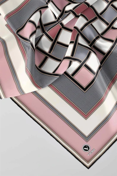 Twill Kare Desenli Pudra - Gri Renkli 90x90 Dikim Şekli : El Dikişi Eşarp (İpek İçermez) ürün görseli