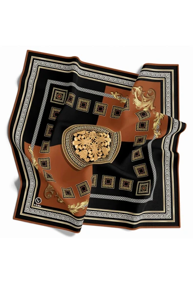 Twill Barok Desenli Taba Renkli 90x90 Eşarp (İpek İçermez) Kenar Dikiş Şekli El Dikişli - Resim 5