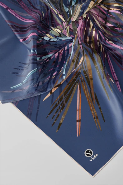 Twill Havai Fişek Desenli İndigo Renkli 90x90 Eşarp (İpek İçermez) Kenar Dikiş Şekli El Dikişli - Resim 2