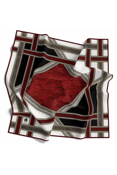 Twill Bordür Taş Desenli Bordo Renkli 90x90 Eşarp (İpek İçermez) Kenar Dikiş Şekli El Dikişli - Resim 2