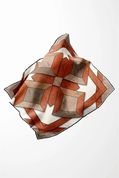 Twill Mermer Desenli Taba - Bej Renkli 90x90 Eşarp (İpek İçermez) Kenar Dikiş Şekli El Dikişli - Resim 5