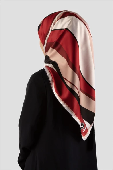 Rayon Modern Dalgalı Çizgi Desenli Bordo Renkli 90x90 Dikim Şekli : El Dikişi Eşarp (İpek İçermez) - Resim 3