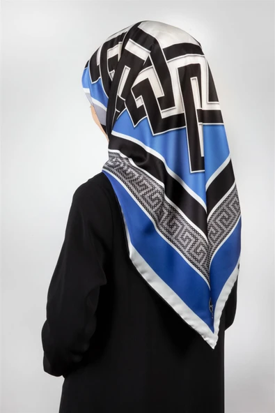 Twill Çizgili Sonsuzluk Düğümü Desenli Saks Mavisi Renkli 90x90 Eşarp (İpek İçermez) ürün görseli