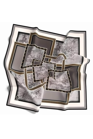 Twill Geometrik Desenli Gri Renkli 90x90 Eşarp (İpek İçermez) Kenar Dikiş Şekli El Dikişli - Resim 2