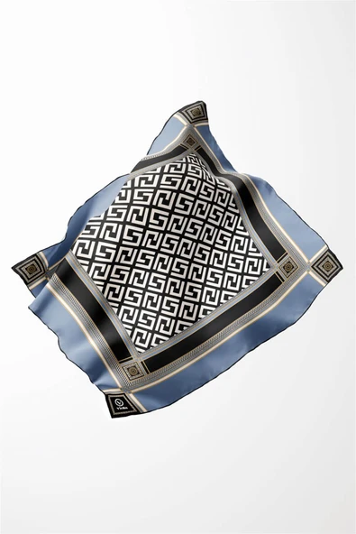 Twill Antik Desenli Bebe Mavisi Renkli 90x90 Eşarp (İpek İçermez) Kenar Dikiş Şekli El Dikişli - Resim 3