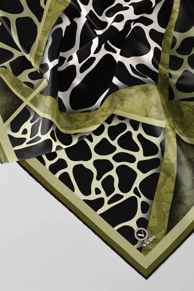 Twill Taş Desenli Haki Yeşili Renkli 90x90 Eşarp (İpek İçermez)Kenar Dikiş Şekli El Dikişli - Resim 3