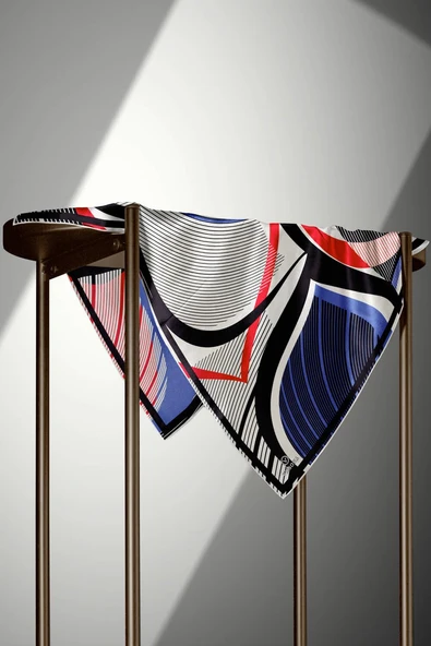 %100 Twill İpek Çizgili Geometrik Desenli Beyaz - Saks Renkli 90x90 Eşarp Dikim Şekli : El Dikişi - Resim 3