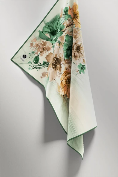 Twill Çiçek Desenli Petrol Yeşili Renkli 90x90 Eşarp (İpek İçermez) Kenar Dikiş Şekli El Dikişli - Resim 4