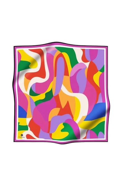 %100 Twill İpek Geometrik Desenli Fuşya Renkli 90x90 Eşarp Dikim Şekli : El Dikişi - Resim 2