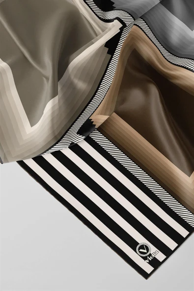 Twill Geometrik Desenli Vizon Renkli 90x90 Eşarp (İpek İçermez) Kenar Dikiş Şekli El Dikişli - Resim 3
