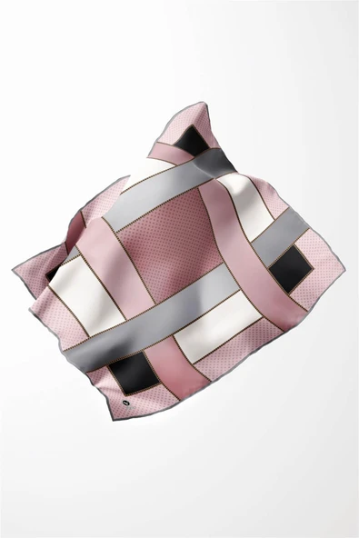 Twill Geometrik Desenli Bakır - Bej Renkli 90x90 Eşarp (İpek İçermez) Kenar Dikiş Şekli El Dikişli - Resim 4