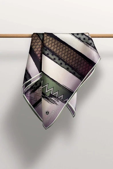 %100 Twill İpek Motifli Ve Şerit Desenli Sütlü Kahve - Çağla Renkli 90x90 Eşarp Dikim Şekli : El Dikişi - Resim 5