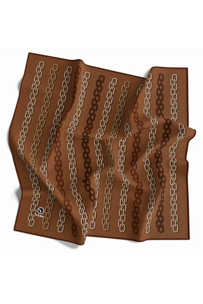 Twill Zincir Desenli Taba Renkli 90x90 Eşarp (İpek İçermez) Kenar Dikiş Şekli El Dikişli ürün görseli