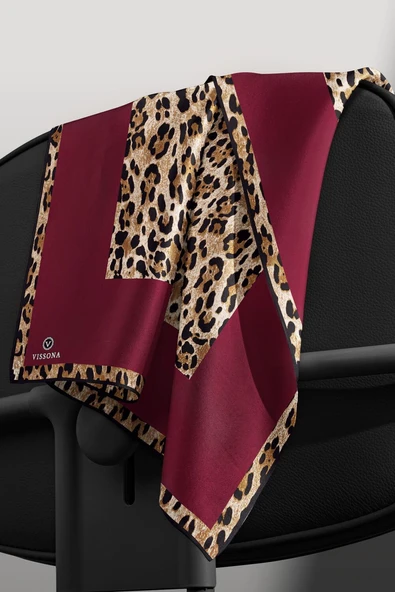 %100 Twill İpek Leopar Desenli Bordo Renkli 90x90 Eşarp Dikim Şekli : El Dikişi - Resim 5