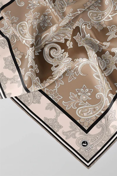 Kristal Şal Desenli Bej Renkli 90x90 Eşarp (İpek İçermez) Kenar Dikiş Şekli El Dikişli - Resim 3