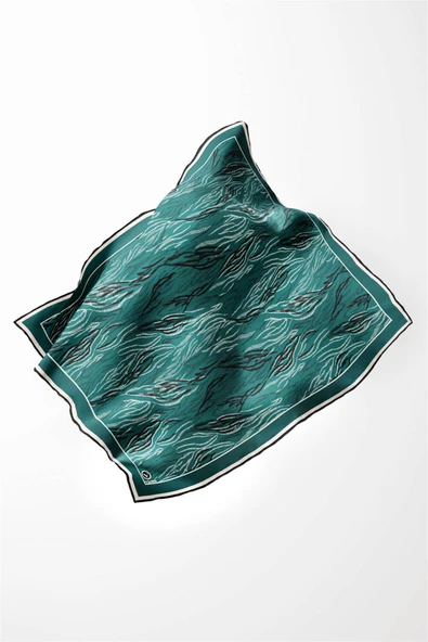 Twill Soyut Çizgi Desenli Petrol Yeşili Renkli 90x90 Eşarp (İpek İçermez) Kenar Dikiş Şekli El Dikişli - Resim 3