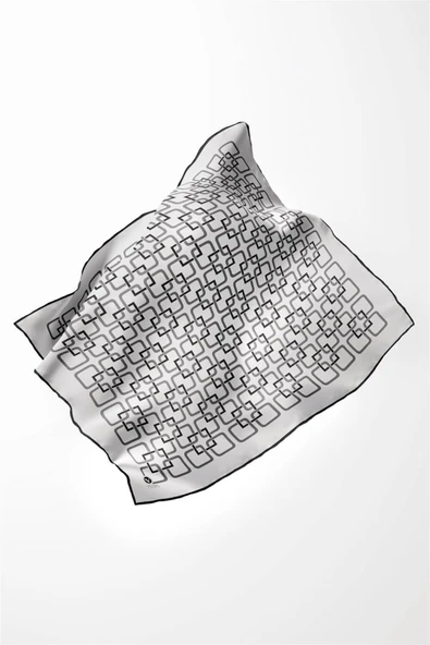 Twill Geometrik Desenli Gümüş Renkli 90x90 Eşarp (İpek İçermez) Kenar Dikiş Şekli El Dikişli - Resim 3