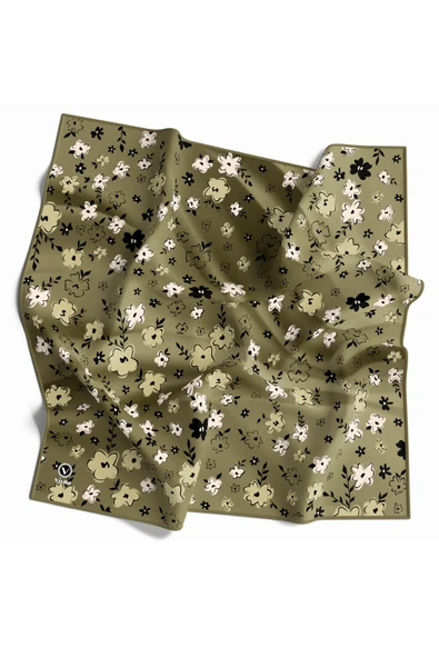 Rayon Papatya Desenli Haki Yeşili Renkli 90x90 Eşarp (İpek İçermez) Kenar Dikiş Şekli El Dikişli ürün görseli 1