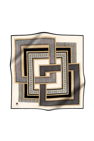 Twill Geometrik Desenli Gri Renkli 90x90 Eşarp (İpek İçermez) Dikim Şekli : El Dikişi - Resim 2