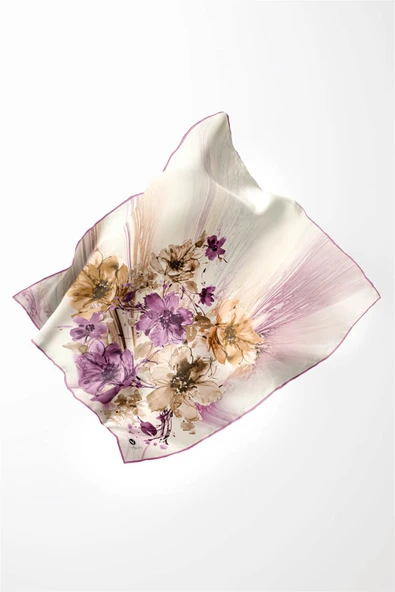Twill Çiçek Desenli Lila Renkli 90x90 Eşarp (İpek İçermez) Kenar Dikiş Şekli El Dikişli - Resim 3