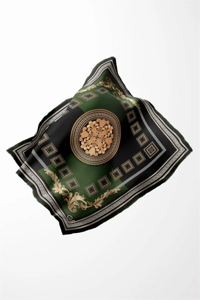 Twill Barok Desenli Zümrüt Yeşili Renkli 90x90 Eşarp (İpek İçermez) Kenar Dikiş Şekli El Dikişli - Resim 3