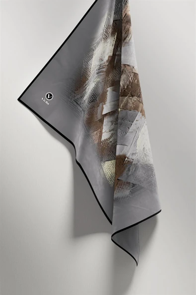 Twill Fırça Efektli Desenli Gri Renkli 90x90 Eşarp (İpek İçermez) Kenar Dikiş Şekli El Dikişli - Resim 4
