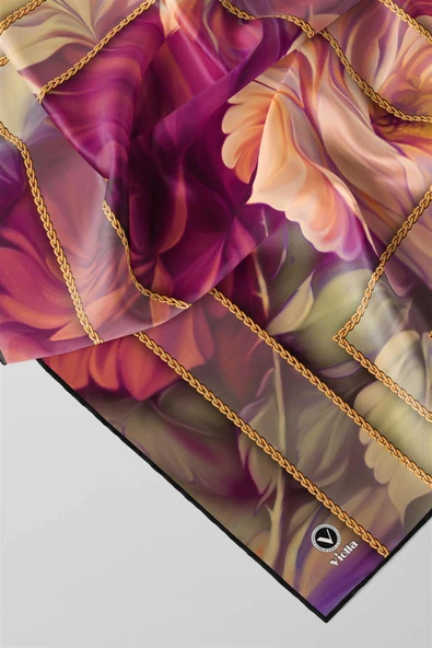 Twill Gül Desenli Fuşya - Somon Renkli 90x90 Eşarp (İpek İçermez) Kenar Dikiş Şekli El Dikişli - Resim 2