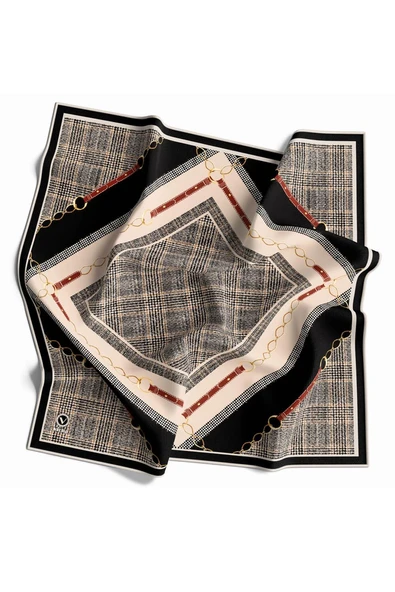 Twill Kemer ve Zincir Detaylı Ekose Desenli Siyah Renkli 90x90 Eşarp (İpek İçermez) Kenar Dikiş Şekli El Dikişli - Resim 2