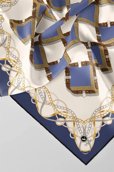 Twill Kemer Ve Zincir Desenli İndigo Renkli 90x90 Eşarp (İpek İçermez) Kenar Dikiş Şekli El Dikişli - Resim 2