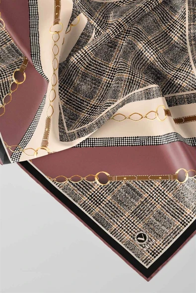 Twill Kemer ve Zincir Detaylı Ekose Desenli Gül Kurusu Renkli 90x90 Eşarp (İpek İçermez) Kenar Dikiş Şekli El Dikişli - Resim 3