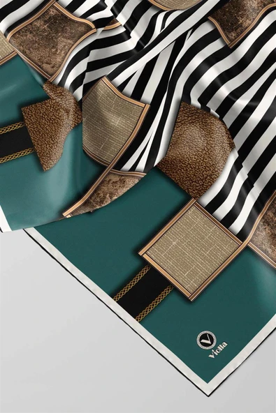 Twill Geometrik Ve Çizgili Desenli Petrol Yeşili Renkli 90x90 Eşarp (İpek İçermez) Dikim Şekli : El Dikişi - Resim 2