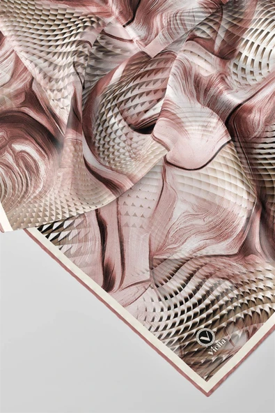 Twill Geometrik Ve Dalga Desenli Pudra Renkli 90x90 Eşarp (İpek İçermez) Dikim Şekli : El Dikişi - Resim 2