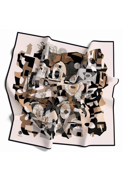 Twill Geometrik Çiçek Desenli Bej - Gri Renkli 90x90 Eşarp (İpek İçermez) Dikim Şekli : El Dikişi - Resim 2