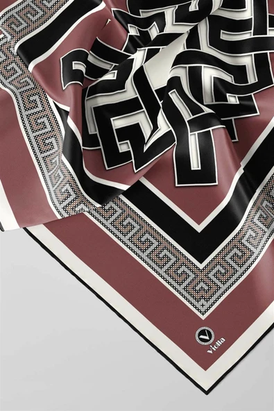 Twill Çizgili Sonsuzluk Düğümü Desenli Gül Kurusu Renkli 90x90 Eşarp (İpek İçermez) - Resim 4