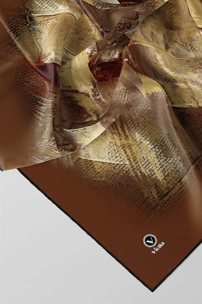 Twill Fırça Efektli Desenli Taba Renkli 90x90 Eşarp (İpek İçermez) Kenar Dikiş Şekli El Dikişli - Resim 2