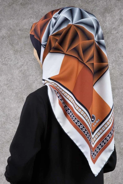 Twill Geometrik Desenli Taba - Krem Renkli 90x90 Eşarp (İpek İçermez) Kenar Dikiş Şekli El Dikişli ürün görseli