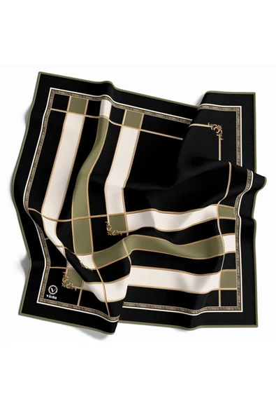 Twill Gold Detaylı Kareli Desenli Haki Renkli 90x90 Eşarp (İpek İçermez) Kenar Dikiş Şekli El Dikişli - Resim 5