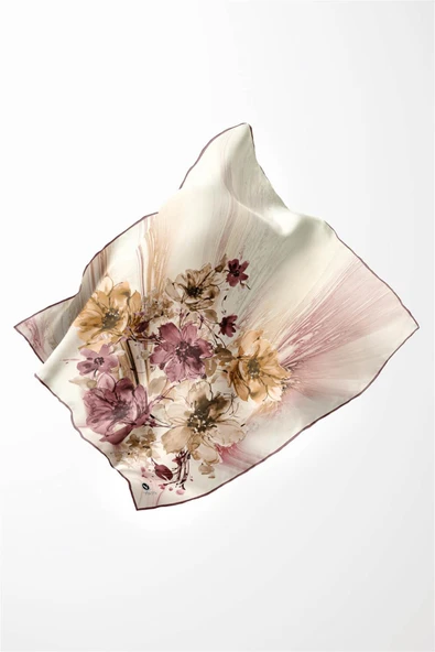 Twill Çiçek Desenli Gül Kurusu Renkli 90x90 Eşarp (İpek İçermez) Kenar Dikiş Şekli El Dikişli - Resim 3