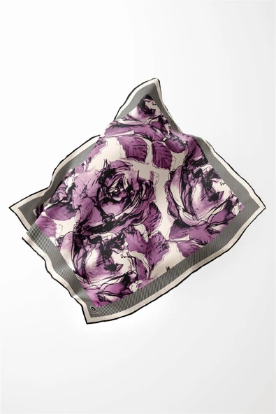 Twill Gül Yaprak Desenli Lila Renkli 90x90 Eşarp (İpek İçermez) Kenar Dikiş Şekli El Dikişli - Resim 4