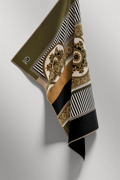 Twill Çizgili ve Barok Desenli Haki Renkli 90x90 Eşarp (İpek İçermez) Kenar Dikiş Şekli El Dikişli - Resim 4