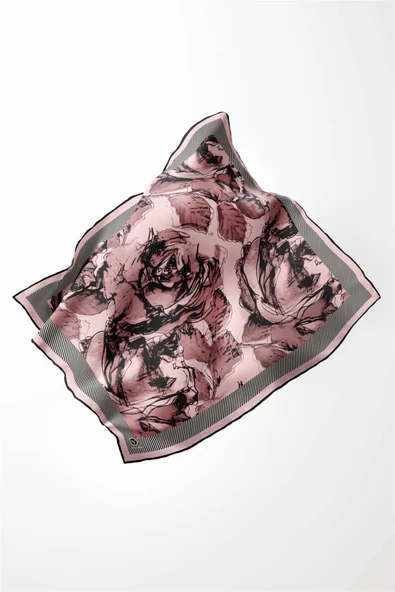 Twill Gül Yaprak Desenli Pudra Renkli 90x90 Eşarp (İpek İçermez) Kenar Dikiş Şekli El Dikişli - Resim 4