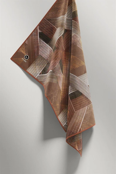 Twill Dokulu Geometrik Desenli Bakır Renkli 90x90 Eşarp (İpek İçermez) Kenar Dikiş Şekli El Dikişli - Resim 5