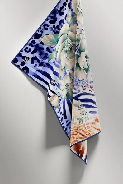 Twill Renkli Şerit Desenli İndigo - Taba  Renkli 90x90 Eşarp (İpek İçermez) Kenar Dikiş Şekli El Dikişli - Resim 4