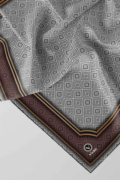 Twill Geometrik Çıtır Desenli Gül Kurusu Renkli 90x90 Eşarp (İpek İçermez) Kenar Dikiş Şekli El Dikişli - Resim 3