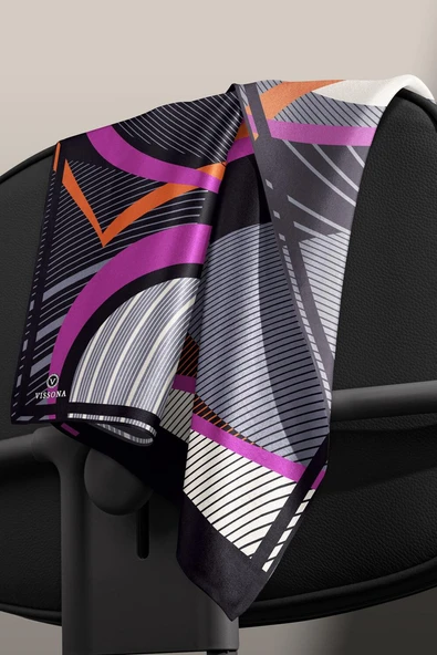 %100 Twill İpek Çizgili Geometrik Desenli Siyah - Gri Renkli 90x90 Eşarp Dikim Şekli : El Dikişi - Resim 5